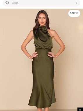 Olive Satin Halter Midi Dress - Women